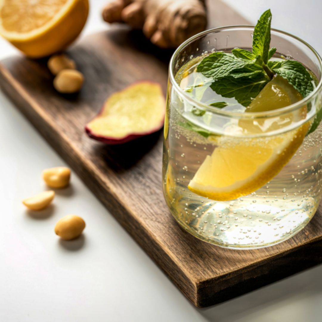 Glass of water with lemon symbolising hydration, digestion and hormone balance in PCOS.
